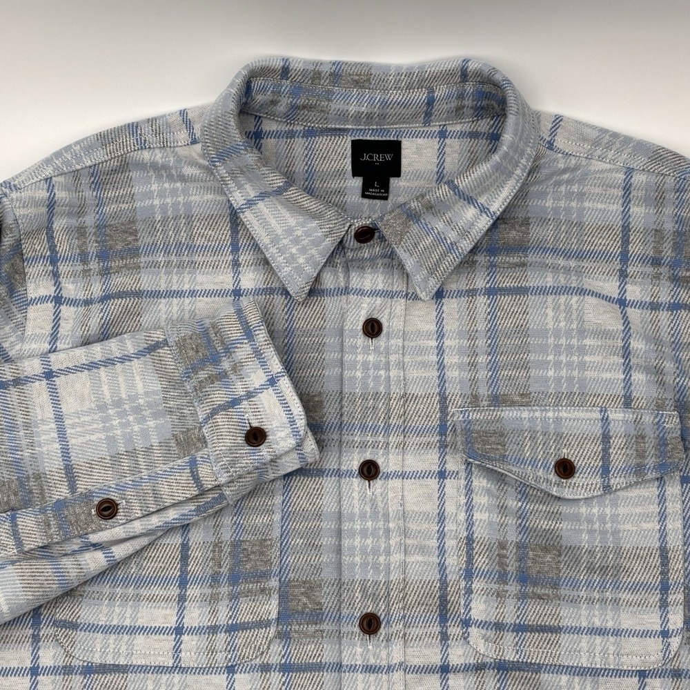 NWT J.Crew Mens Double Knit Work Shirt Jacket Plaid Blue Gray Shacket Top L